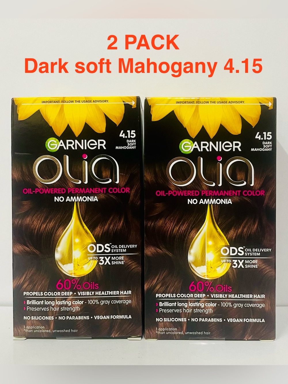 Garnier Olia Permanent Hair Color 4.15 Dark Soft Mahogany Ammonia Free (2 PACK)